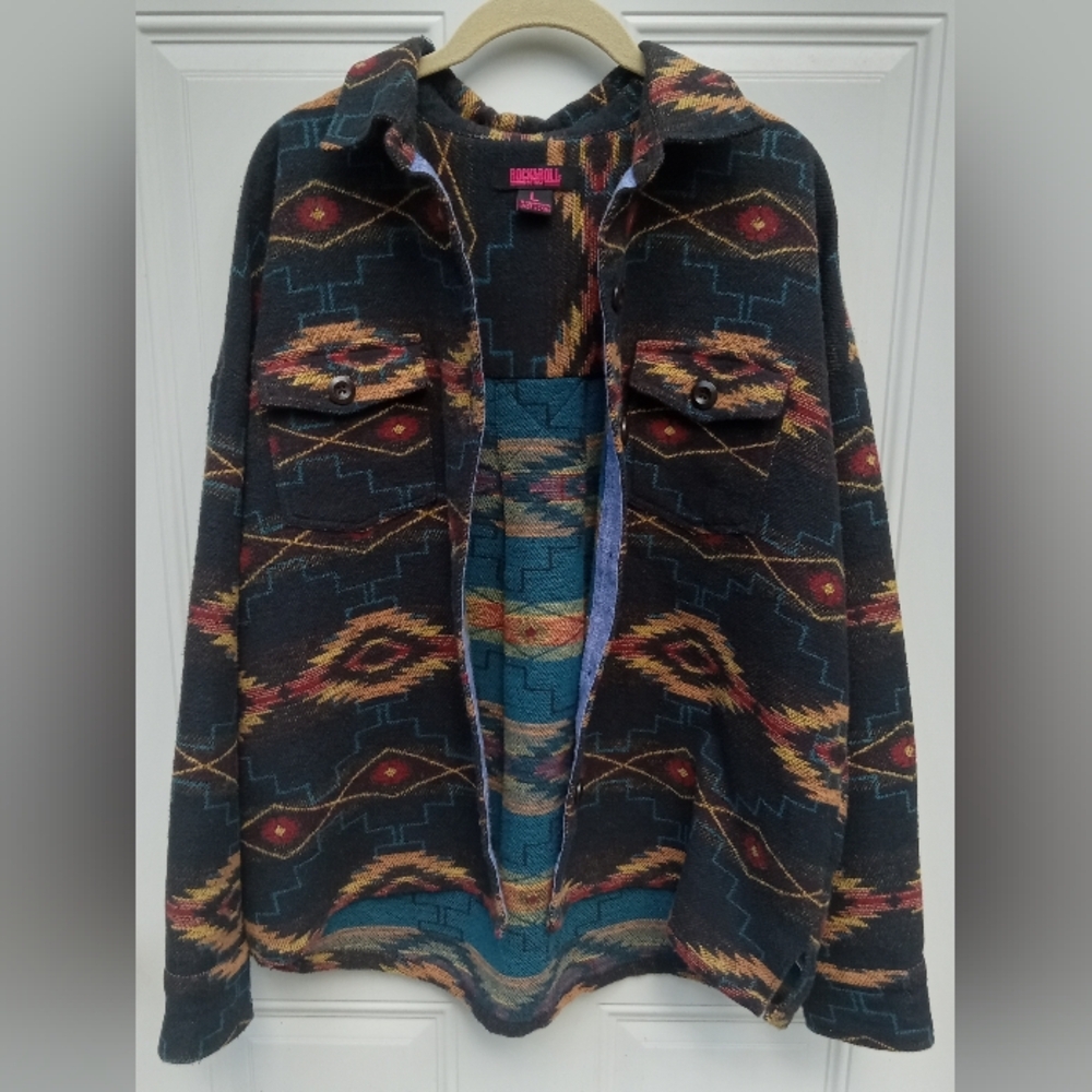 Rock & Roll Denim Colorful Aztec Patterned Button-Up Shirt Thick Cotton Large - Picture 2 of 9